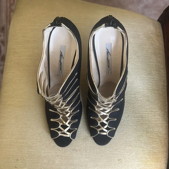 Brian Atwood Naiya Black and Gold Silk Crepe Peep-Toe High-Heel Bootie Size EU42 - Picture 8 of 16